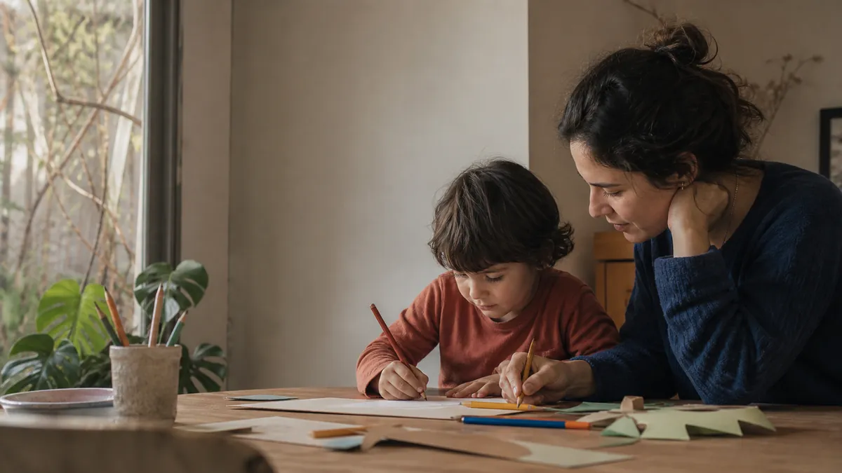 Una adulta y un niño dibujando juntos, con luz natural.