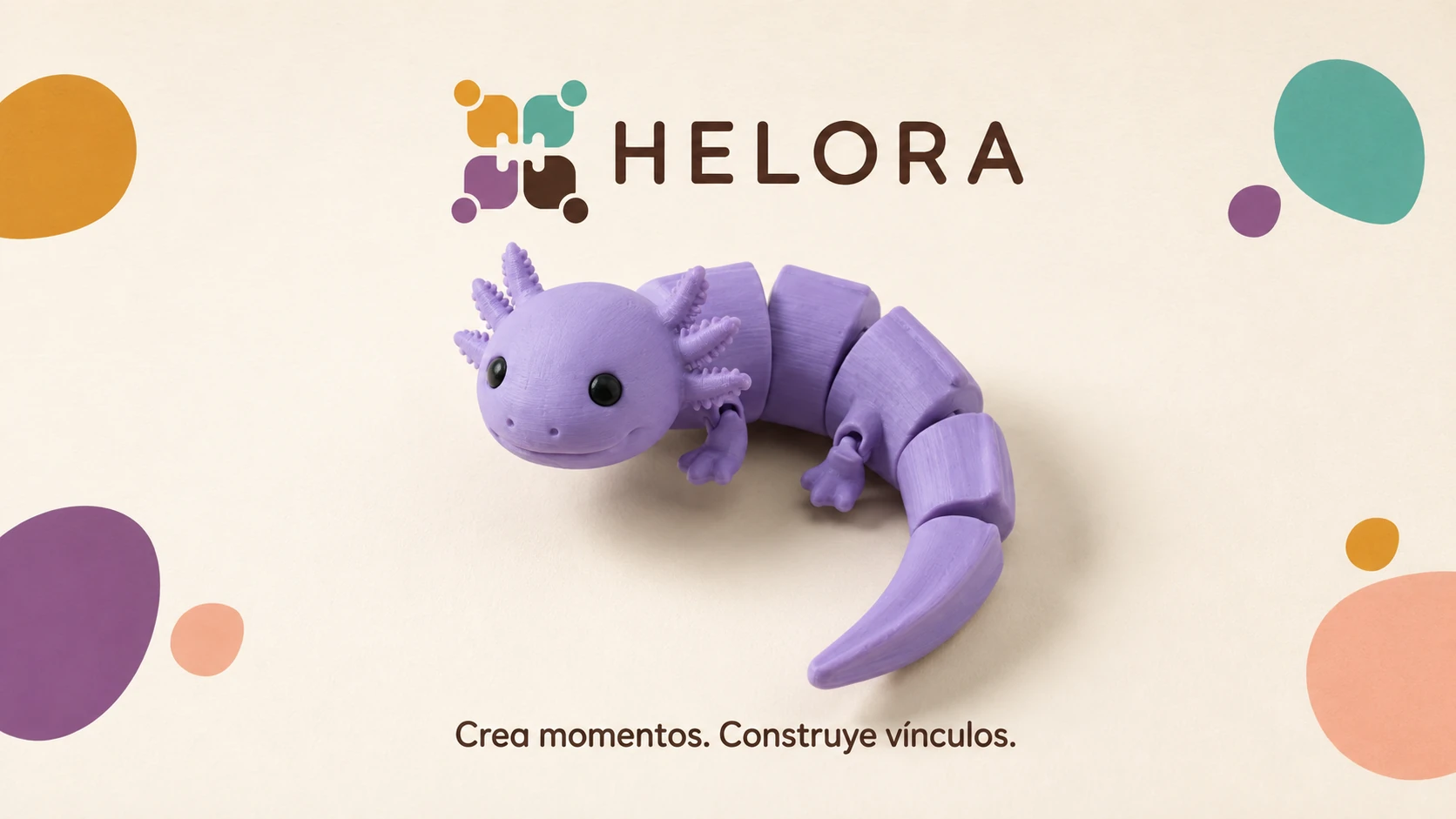 Mockup original del ajolote lila con el logo y el eslogan HELORA.